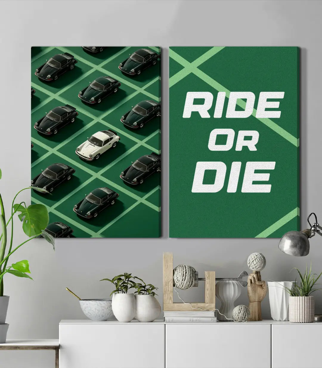 Decoración de despacho con díptico Ride or Die, cuadros de motivación estilo pop-art urbano