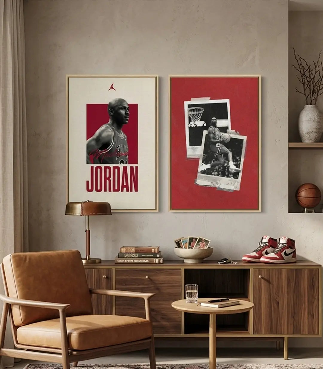 Cuadro díptico Michael Jordan con retrato y mate, fondo rojo y crema, arte deportivo moderno