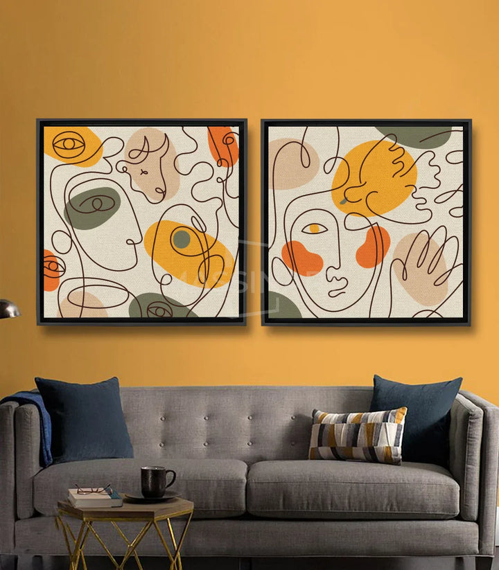 Cuadro Harmony díptico — rostros abstractos con líneas continuas, arte moderno Massinart