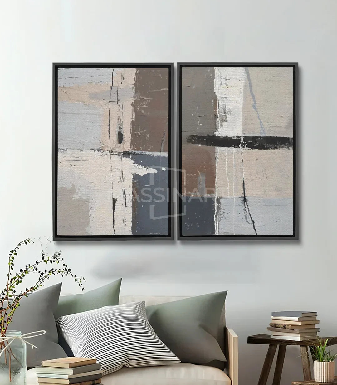 Cuadro abstracto geométrico díptico en tonos beige y taupe con trazos negros, Massinart
