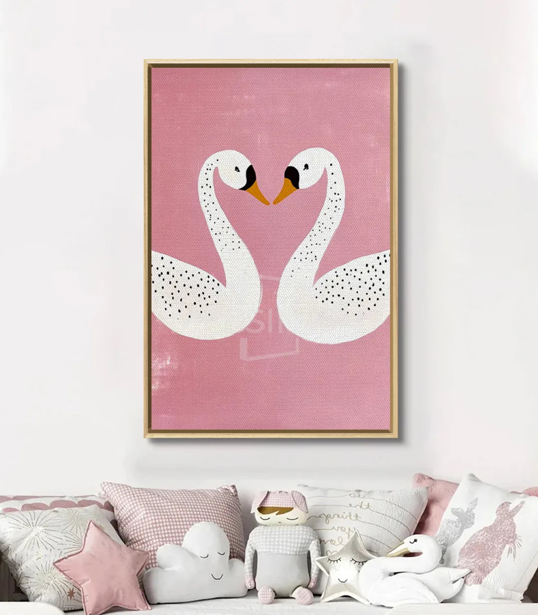 Decoración interior — cuadro animal infantil con cisnes rosa, estilo minimalista, Massinart