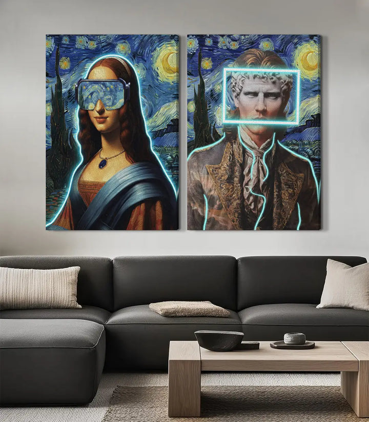 Cuadro La Gioconda Estrellada díptico, perspectiva dormitorio de diseño moderno
