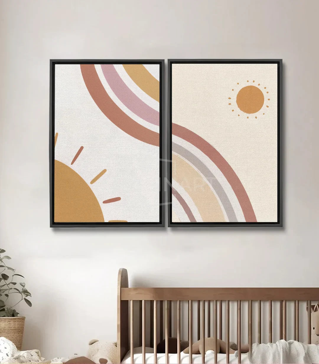 Cuadro Shinning díptico abstracto sol, curvas beige dorado rosa — Massinart