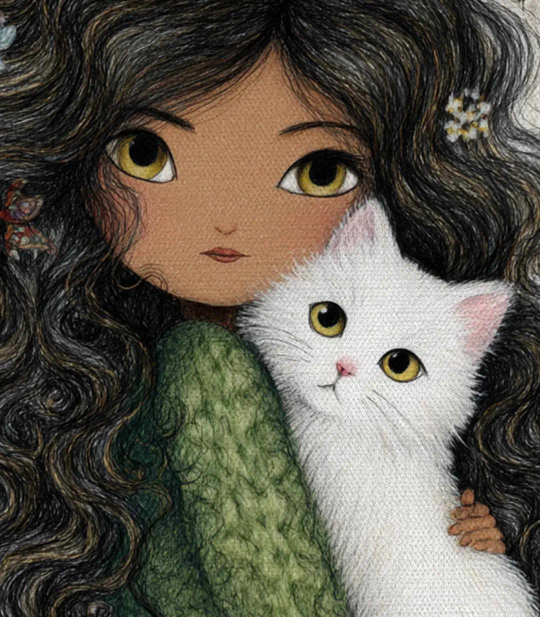Cuadro Soft Cuddle colgado en pared — composición vertical niña gato Massinart