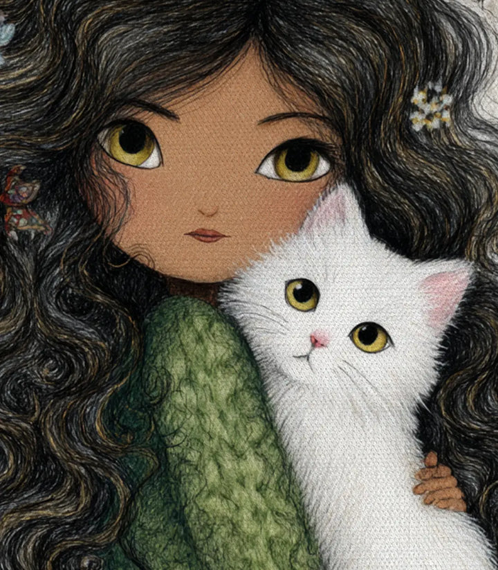 Cuadro Soft Cuddle colgado en pared — composición vertical niña gato Massinart