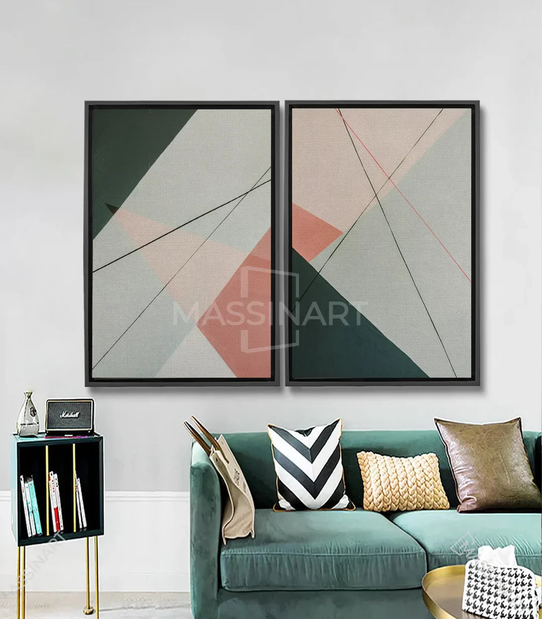 Cuadro Lineage díptico abstracto Massinart — formas geométricas en verde, rosa y beige
