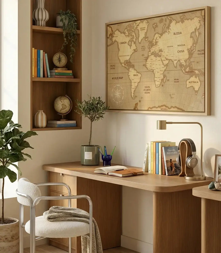 Cuadro World Map en un salón moderno, enmarcado en madera maciza, decoración mural elegante