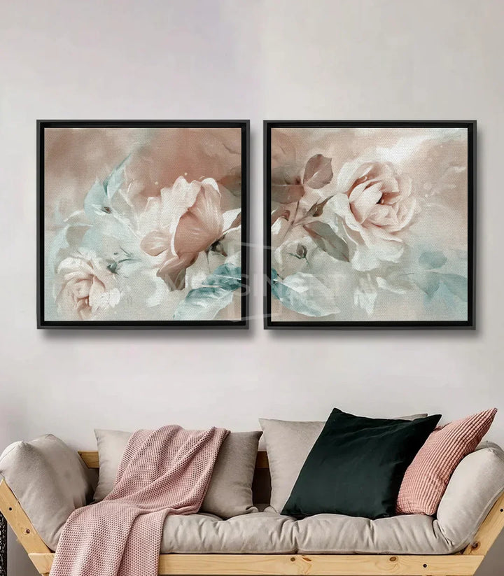 Cuadro Bloom díptico — flores en acuarela rosa empolvado y blanco con hojas en azul verdoso, estilo minimalista, Massinart