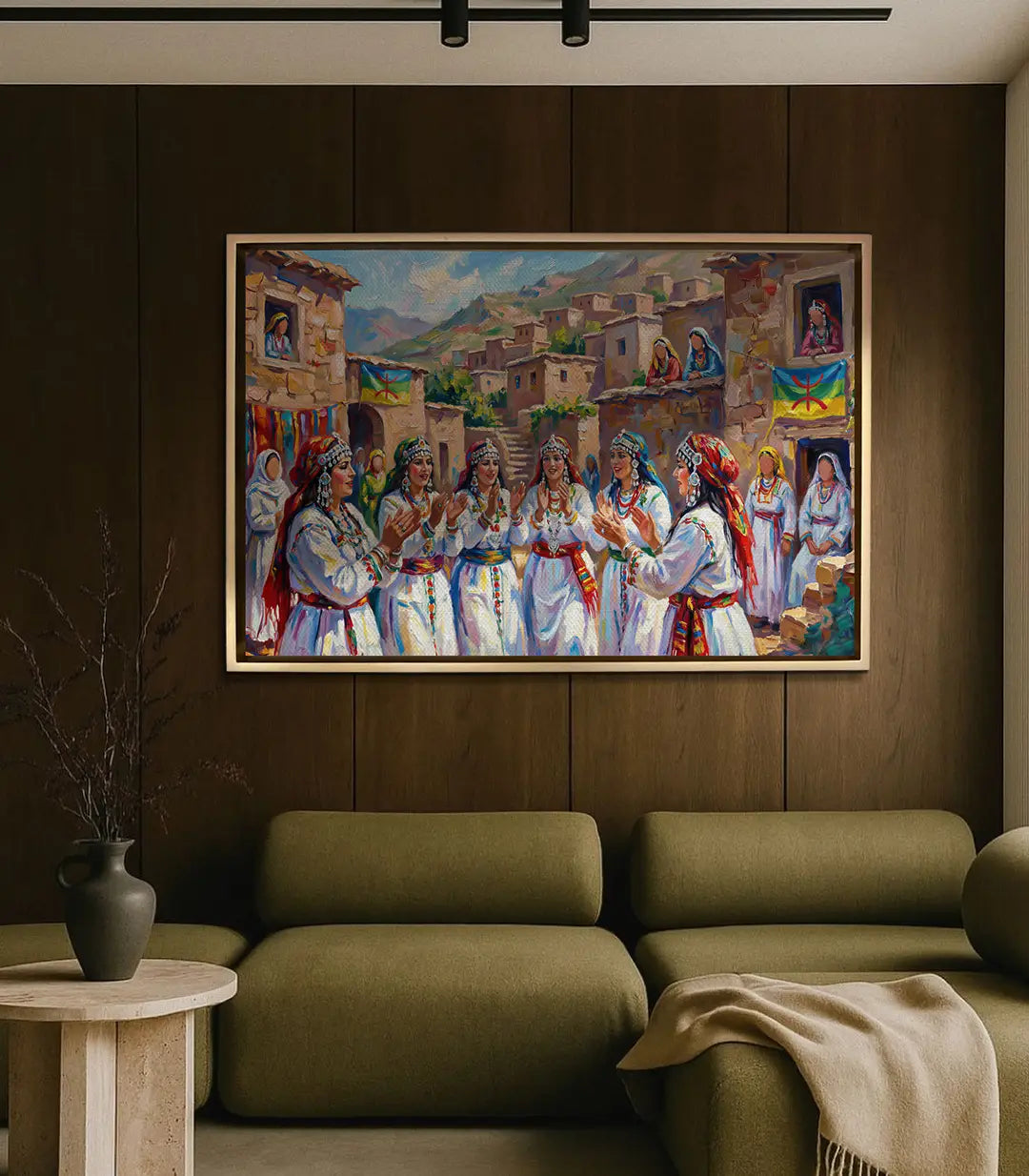 Cuadro Amazigh Folklore en decoración de salón moderno con pared de madera, Massinart