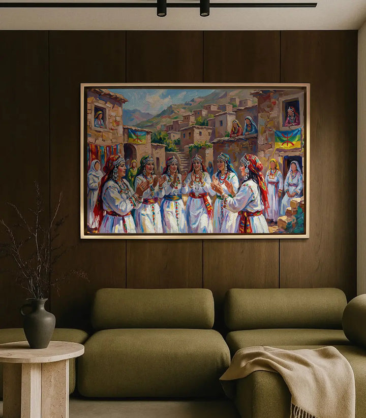 Cuadro Amazigh Folklore en decoración de salón moderno con pared de madera, Massinart