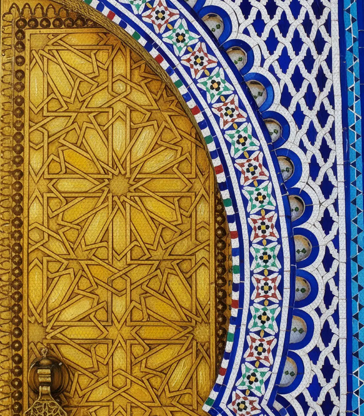Golden Mosaic en dormitorio, lienzo decorativo azul y dorado — Massinart