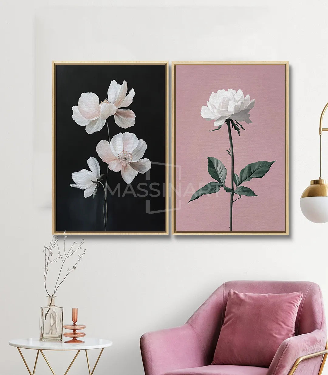 Cuadro Soft Petals díptico en salón moderno Massinart