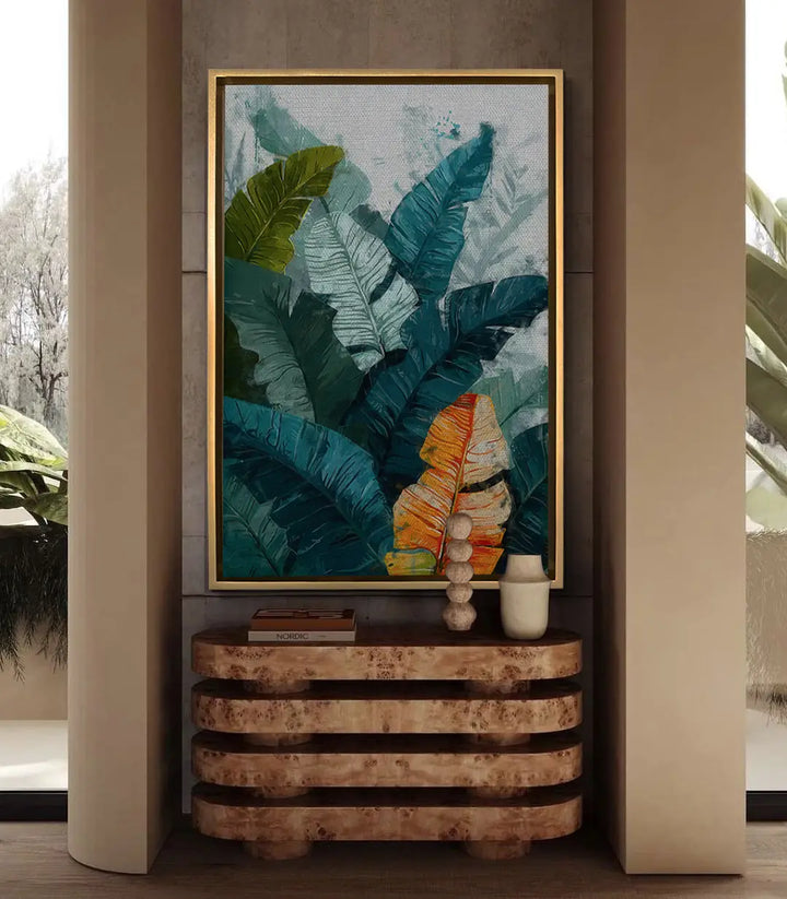 Cuadro botánico Silver Leaf en salón moderno sobre sofá Massinart