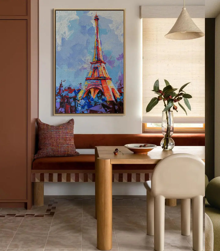 Decoración contemporánea: cuadro Torre Eiffel París colorida en salón minimalista — Massinart