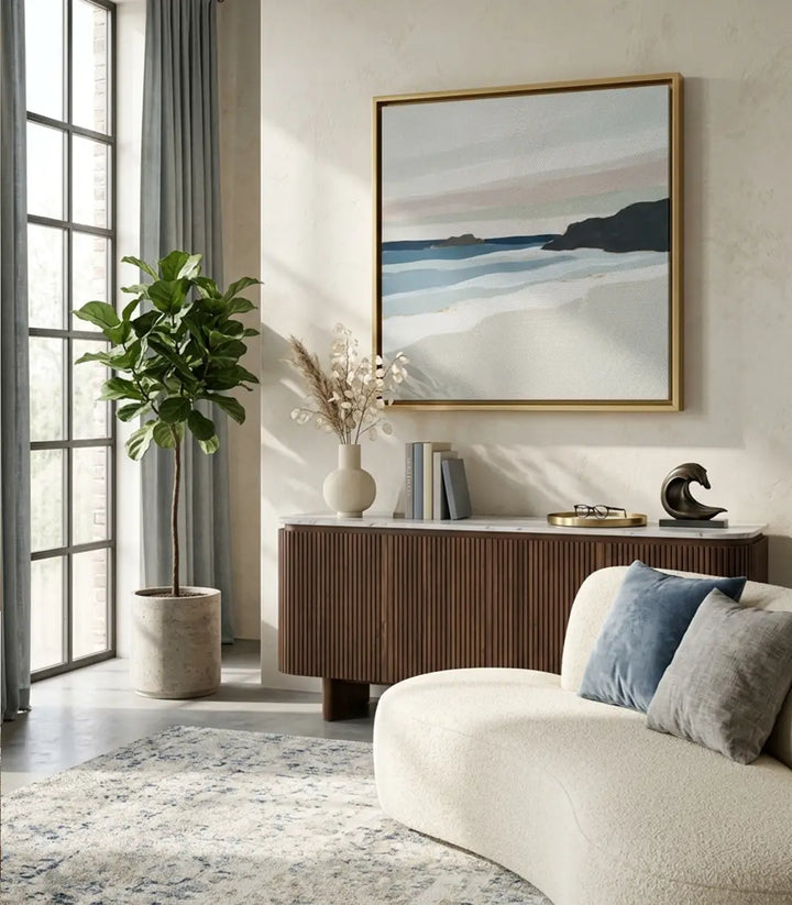 Cuadro Layered Shore en dormitorio moderno, decoración costera minimalista — Massinart