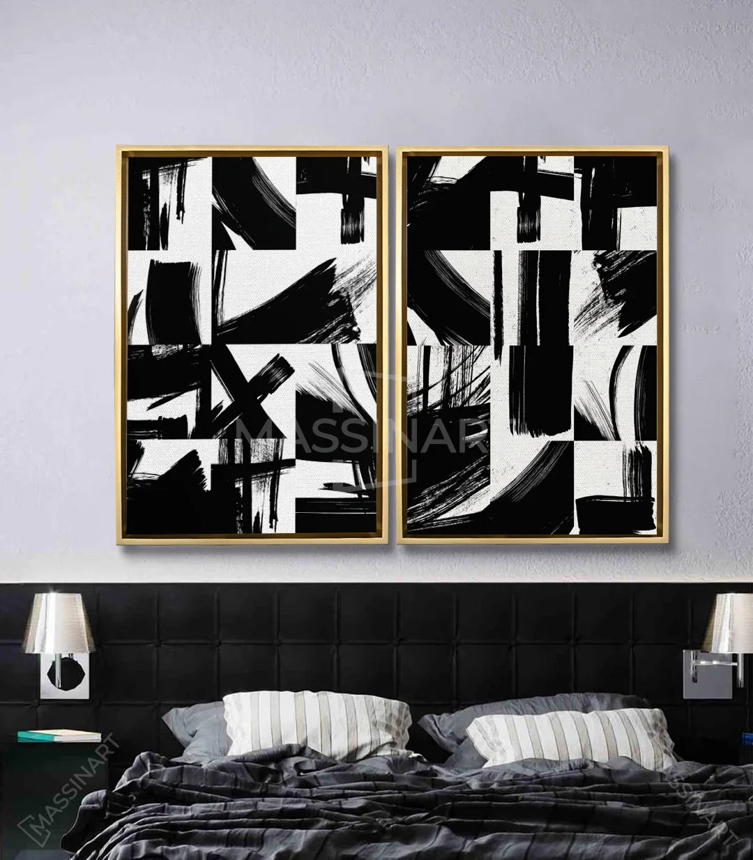 Cuadro díptico Inked Massinart en decoración de dormitorio moderno, arte mural blanco y negro