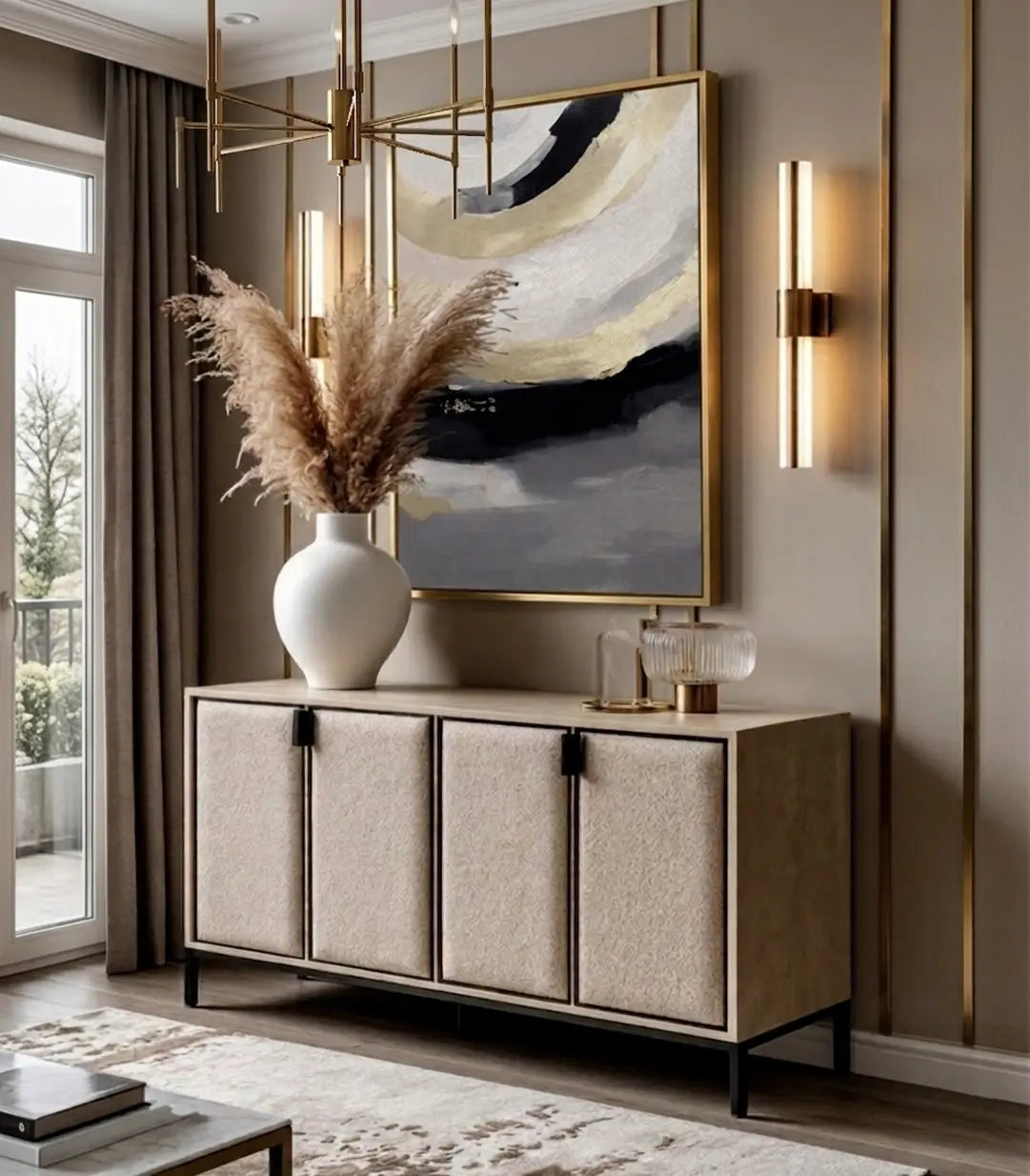 Cuadro Gilded Strata en salón moderno minimalista — decoración de pared sobre sofá, Massinart