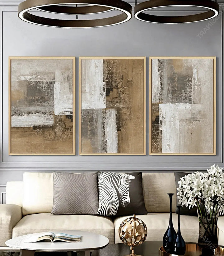 Earthtones – tríptico abstracto sobre pared, decoración interior elegante