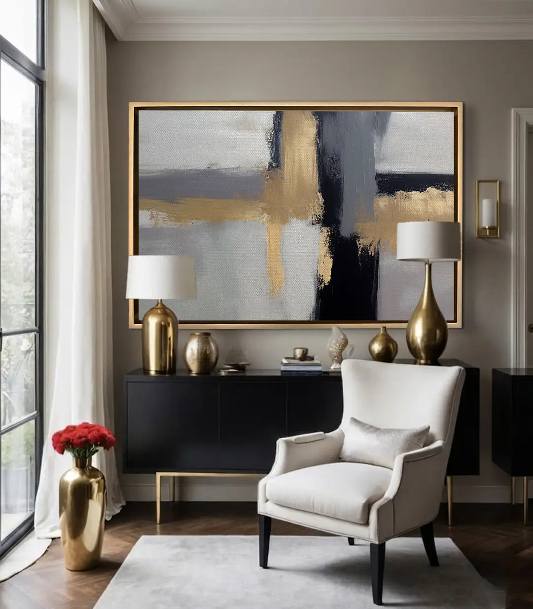 Cuadro Auric en salón moderno Massinart — decoración de interiores con arte dorado