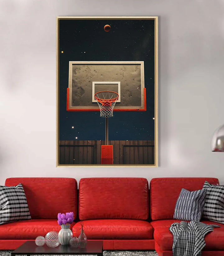 Cuadro Moonlit Basket en habitación de chico con decoración estilo gaming y deporte