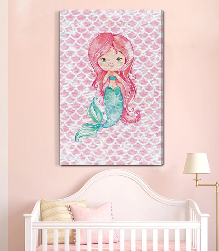 Cuadro Mermaid en habitación infantil con tonos rosas Massinart
