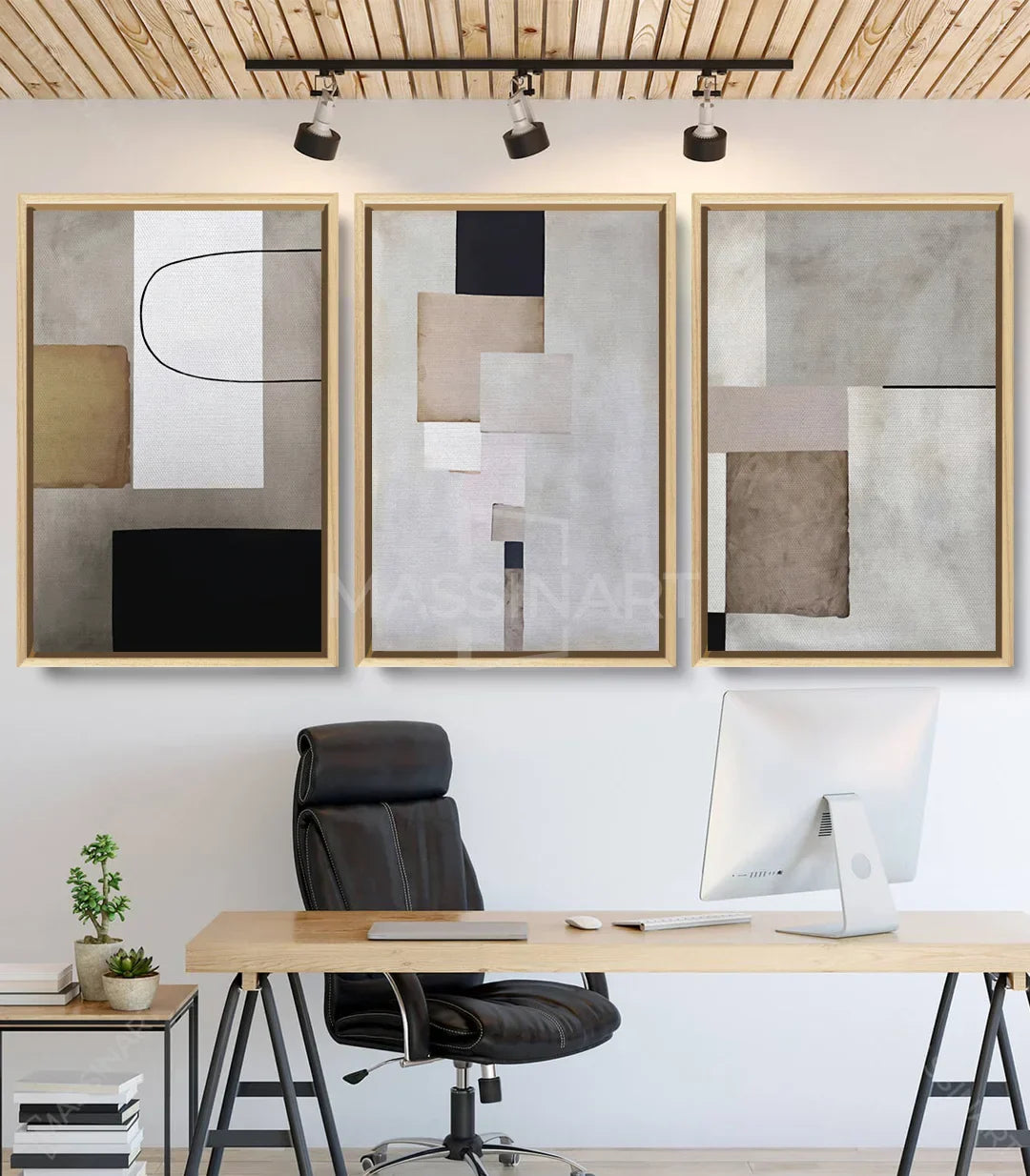 Cuadro Quietud tríptico abstracto minimalista — formas geométricas y líneas depuradas | Massinart