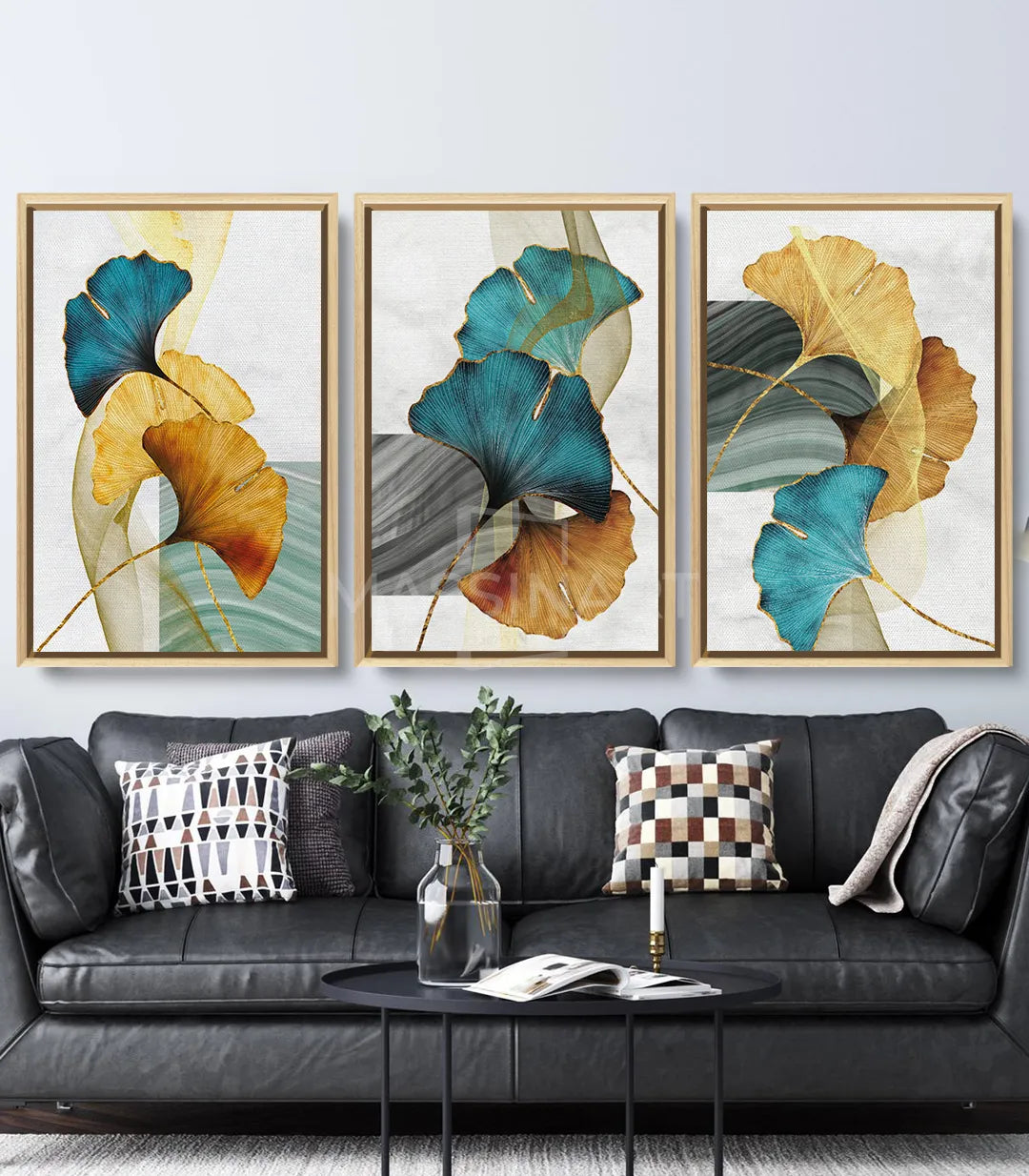 Cuadro Ginkgo Leaves tríptico panel derecho — hojas amarillo dorado y azul turquesa, Massinart