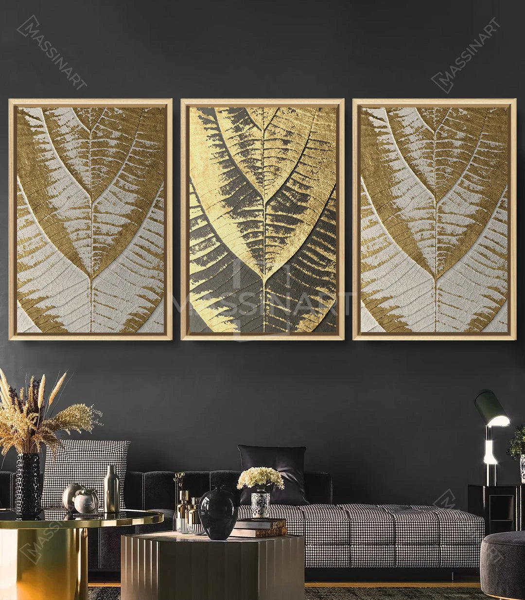 Cuadro Golden Leaves tríptico — arte mural naturaleza y lujo, decoración pared moderna Massinart