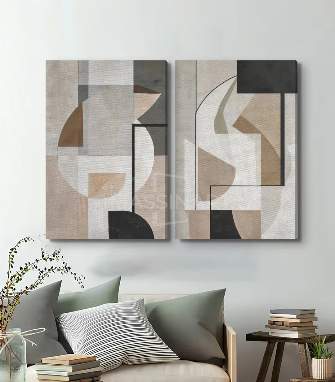 Detalle del cuadro Geometric Nuances — formas abstractas depuradas beige y taupe Massinart