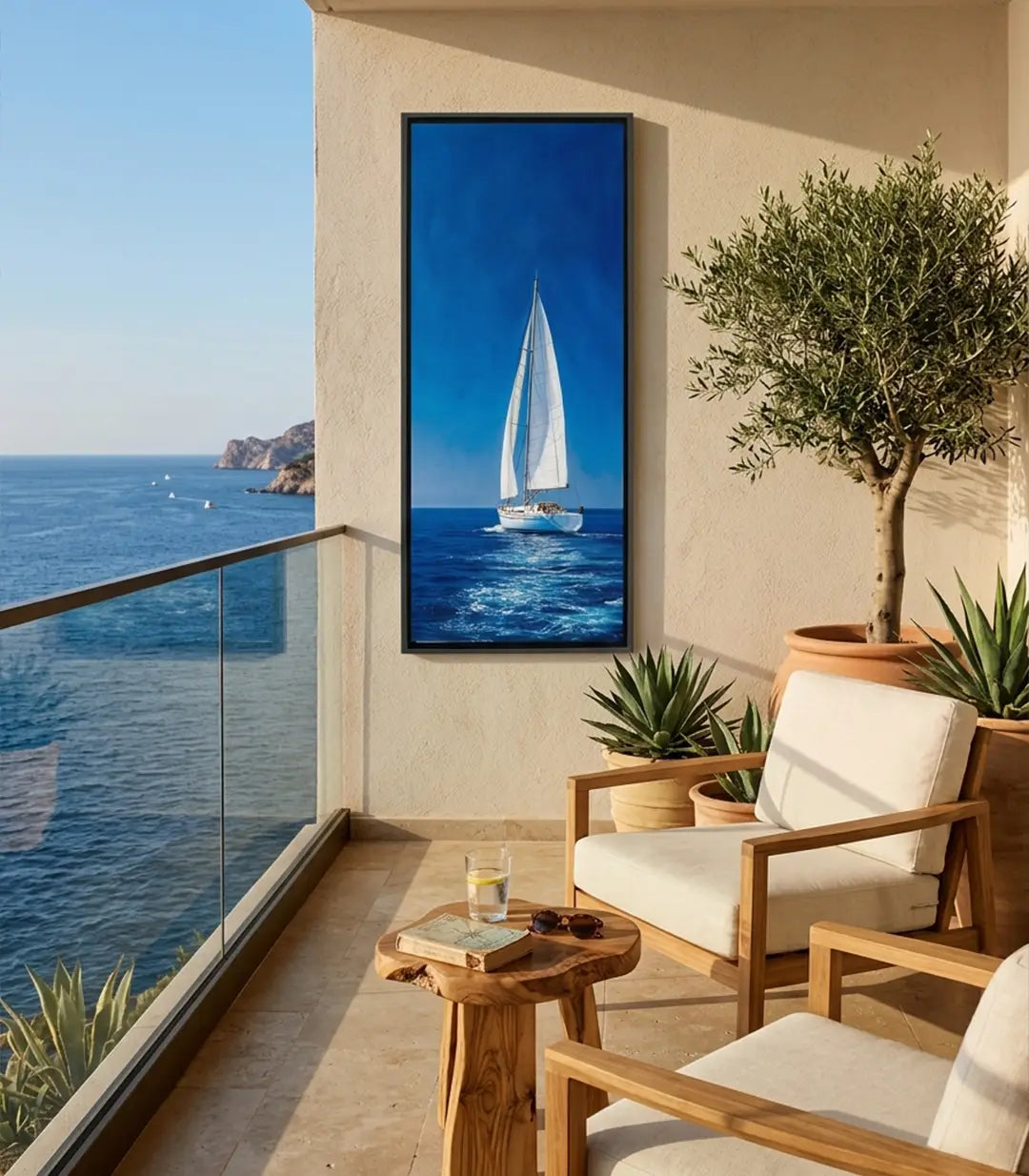 Cuadro Voyage — velero blanco sobre mar azul intenso, estilo minimalista contemporáneo, Massinart
