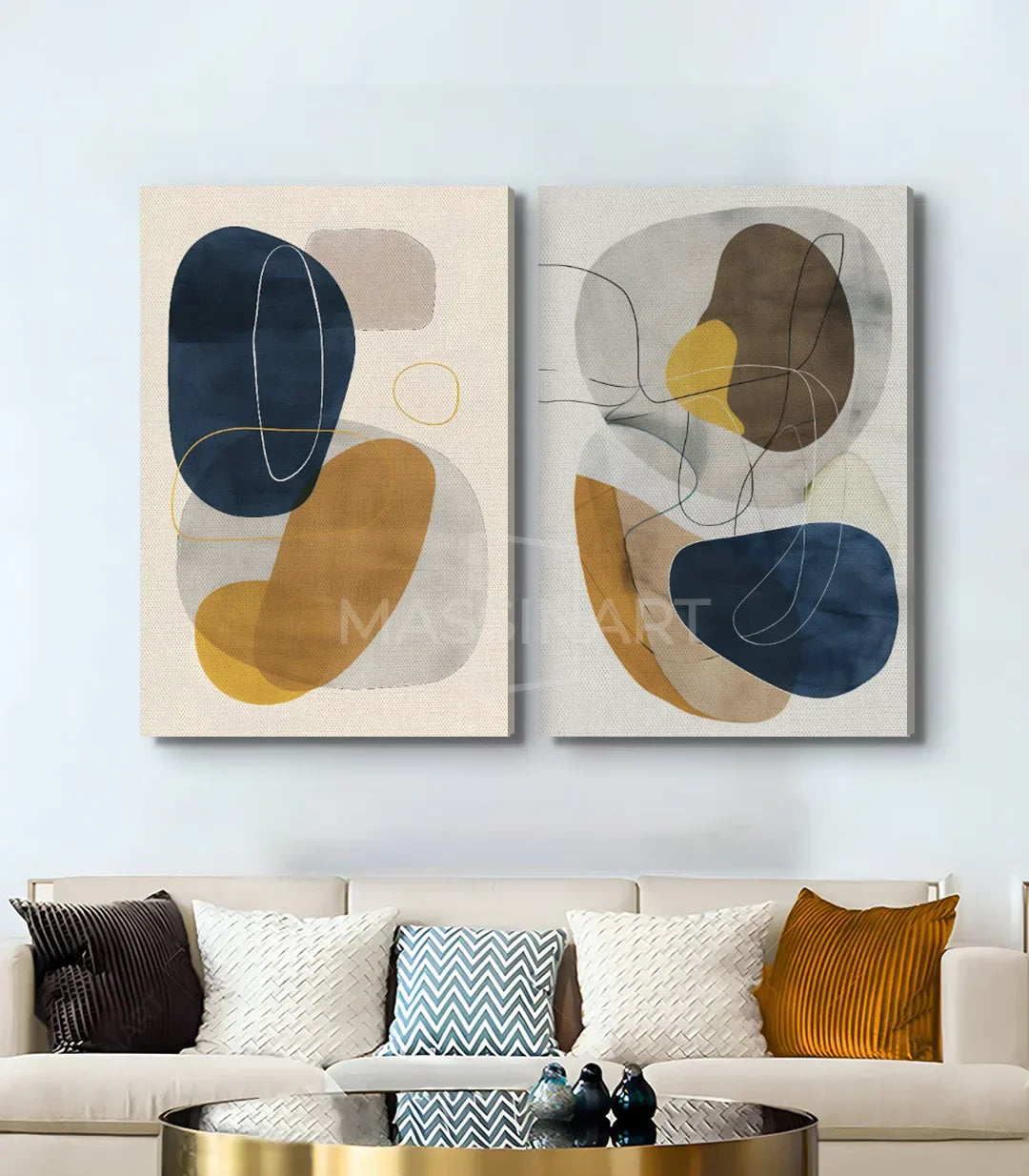 Cuadro Sway díptico abstracto minimalista — ambientado en salón moderno con sofá beige | Massinart