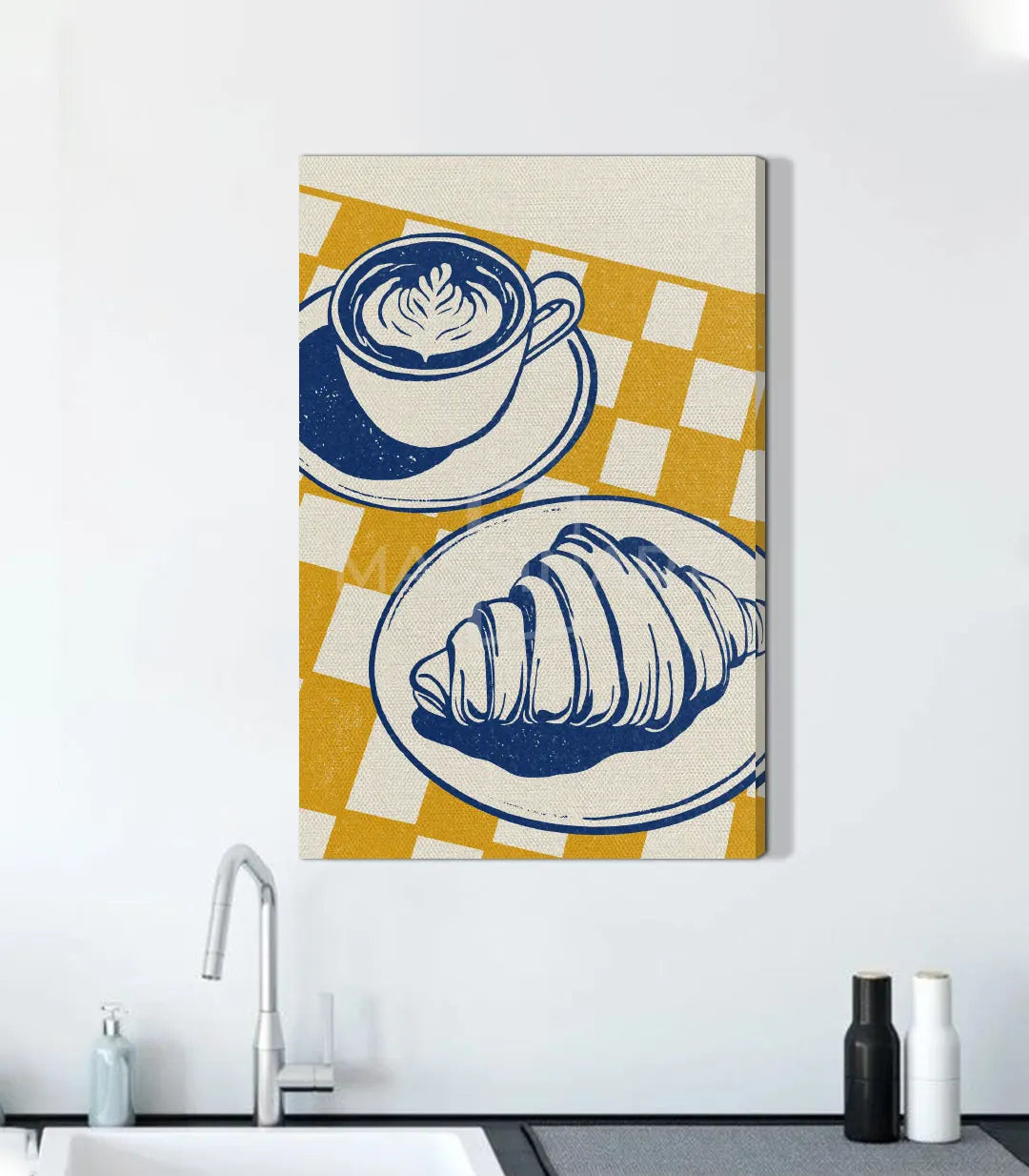Latte Break – lámina decorativa de café con paleta en beige, azul y amarillo suave