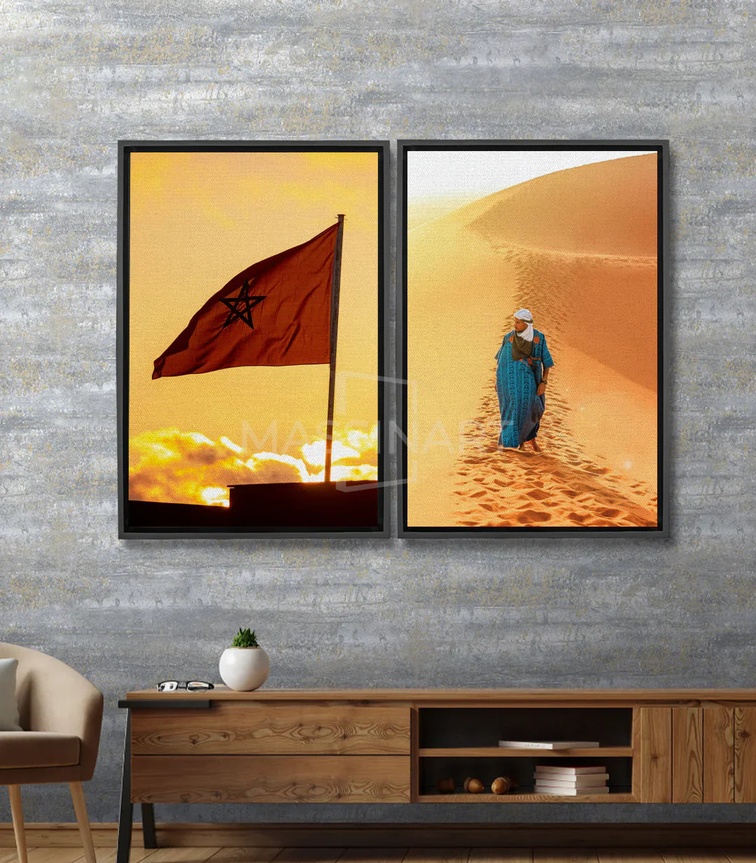 Cuadro Essahra díptico — bandera marroquí y mujer tuareg en el desierto, Massinart