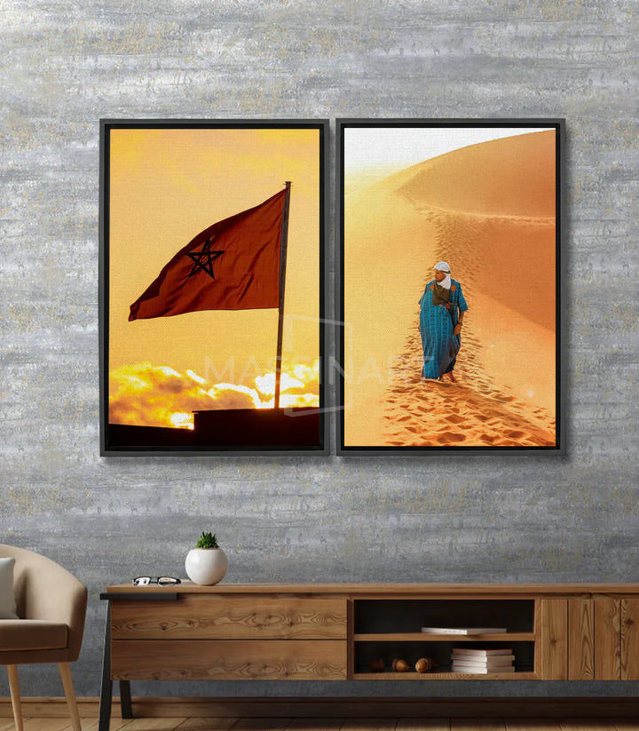 Cuadro Essahra díptico — bandera marroquí y mujer tuareg en el desierto, Massinart