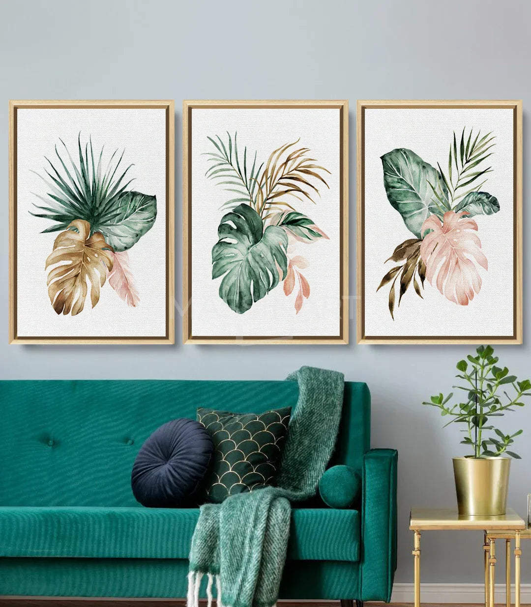 Cuadro acuarela flor rosa y hojas verdes, arte mural para salón