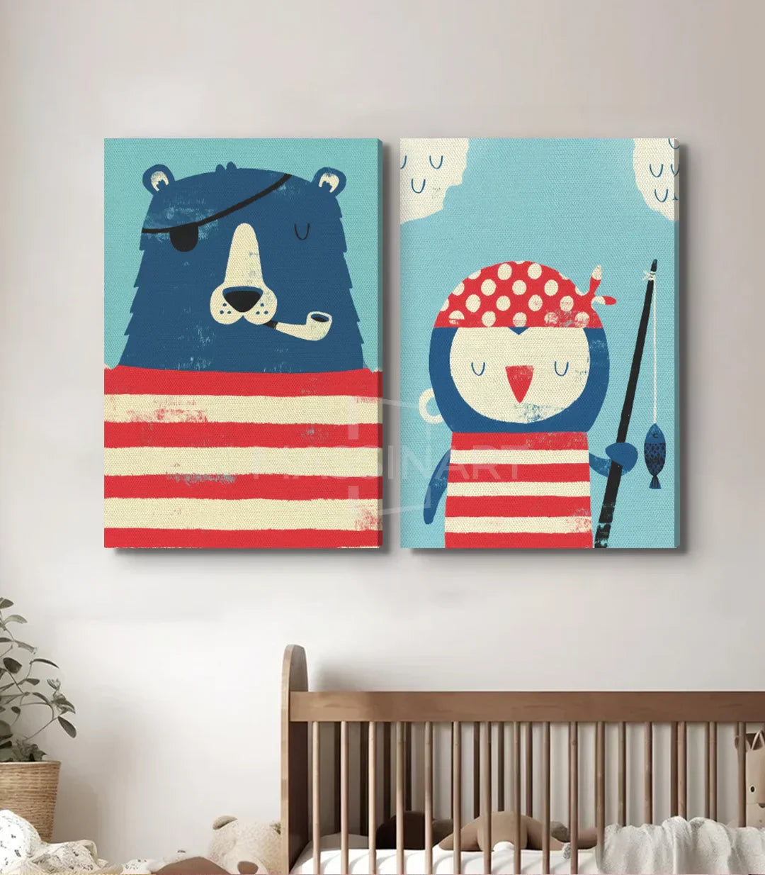 Díptico oso y lechuza piratas como decoración infantil — Massinart