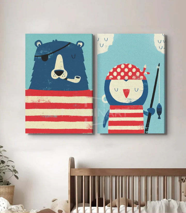 Díptico oso y lechuza piratas como decoración infantil — Massinart