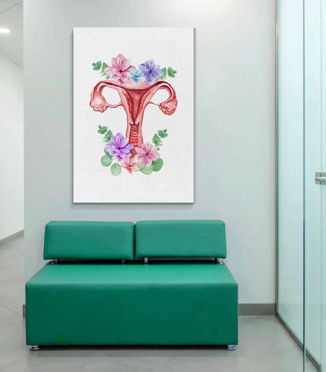 Cuadro Floral Uterus en decoración mural de consulta ginecológica, ambiente profesional, Massinart