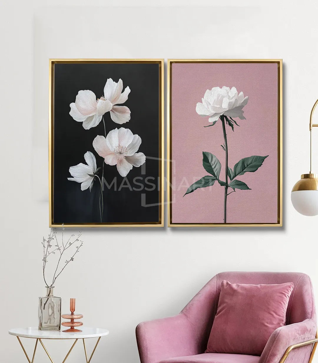 Cuadro peonías blancas rosa empolvado decoración salón Massinart