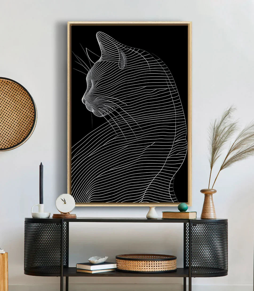 Decoración interior contemporánea — cuadro de gato Massinart en espacio sobrio