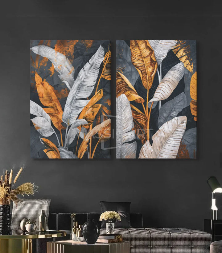 Detalle díptico Tropical hojas doradas sobre fondo negro — Massinart