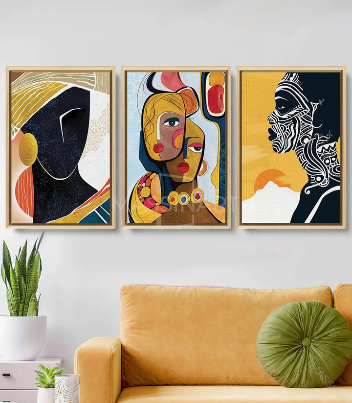 Cuadro African Soul panel derecho — rostro abstracto en blanco y negro sobre fondo amarillo con motivos étnicos