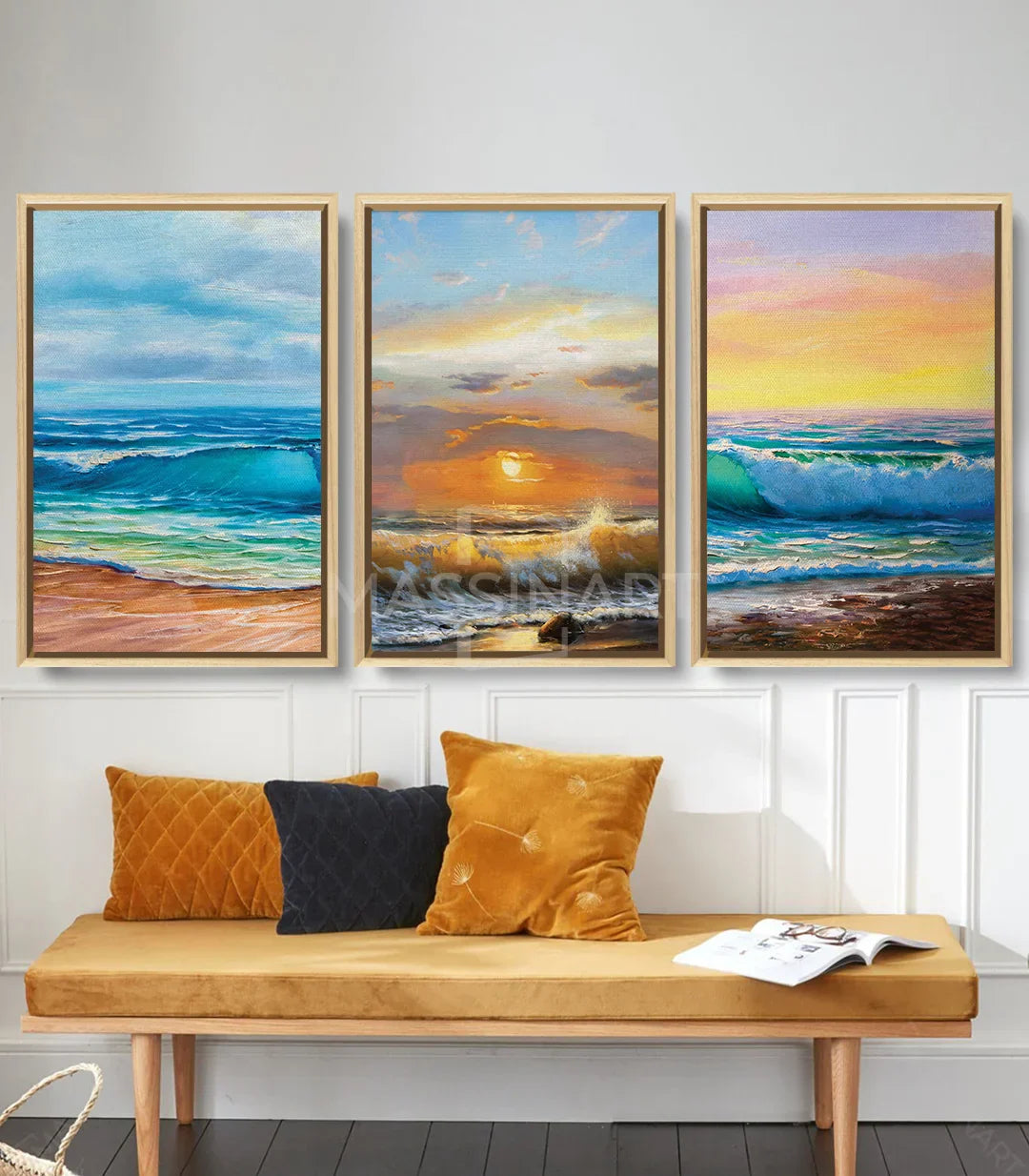 Cuadro Pure Sea panel derecho — Crepúsculo amarillo y olas verde esmeralda