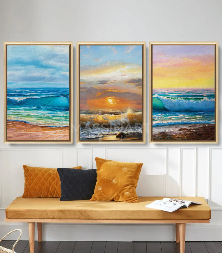 Cuadro Pure Sea panel derecho — Crepúsculo amarillo y olas verde esmeralda