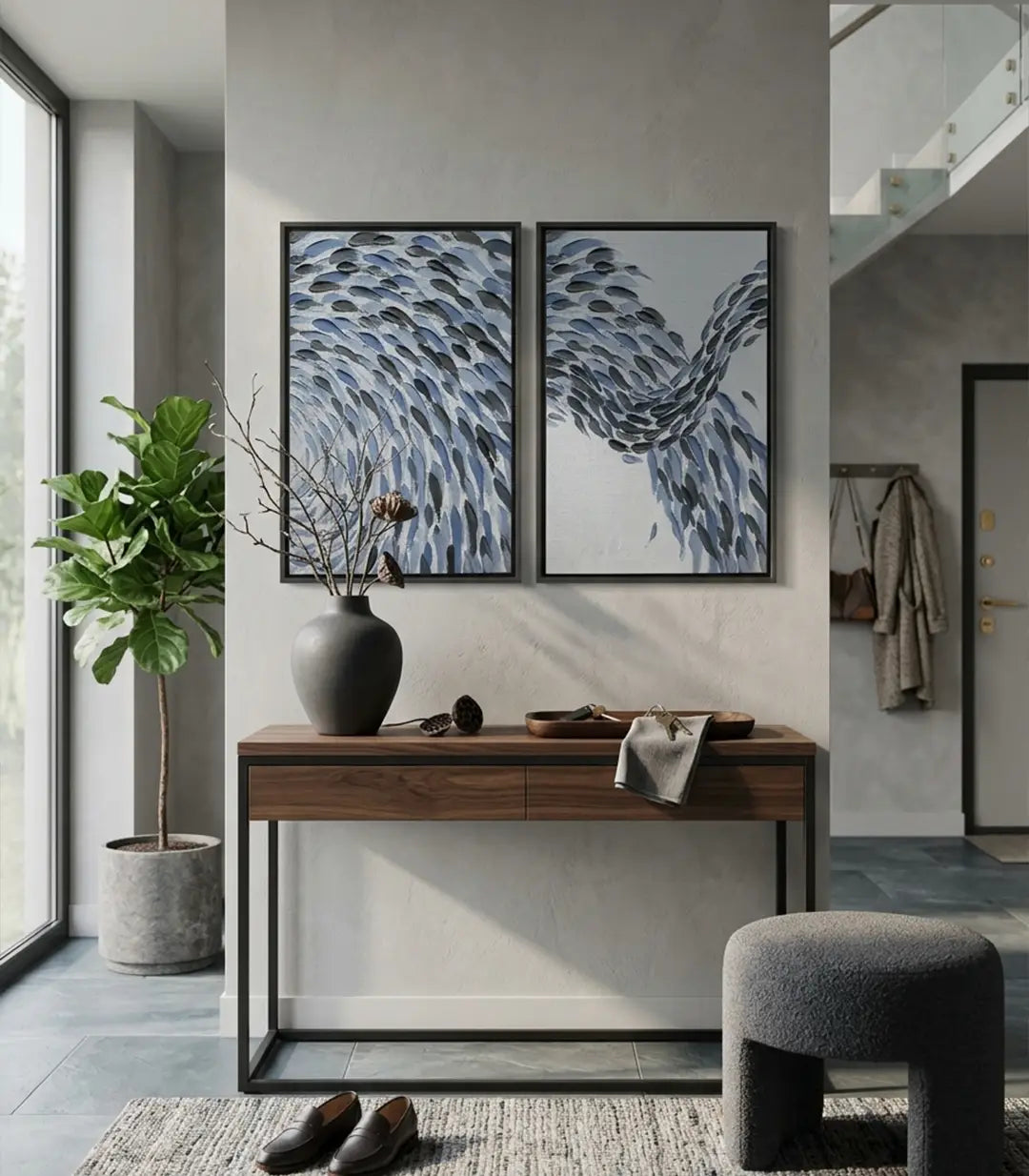Dormitorio de hotel decorado con el díptico Fish Wave, arte mural minimalista, Massinart