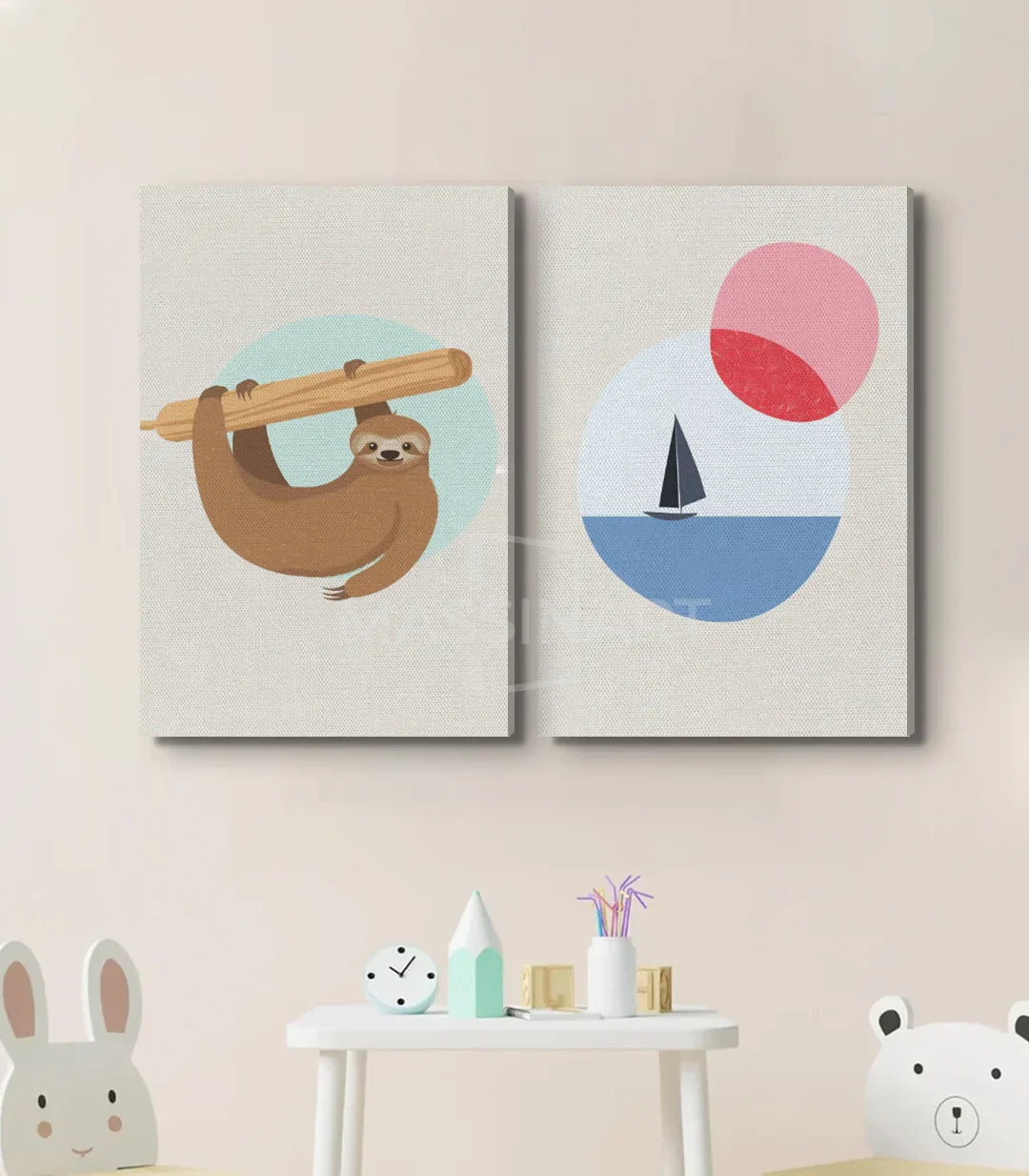 Detalle del cuadro Lazy Koala Massinart — panel del barco, ilustración minimalista infantil