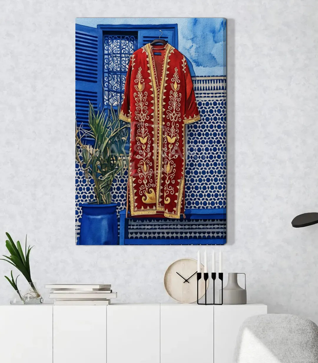 Lienzo Moroccan Caftan con paleta intensa en azul profundo y rojo — decoración de inspiración marroquí
