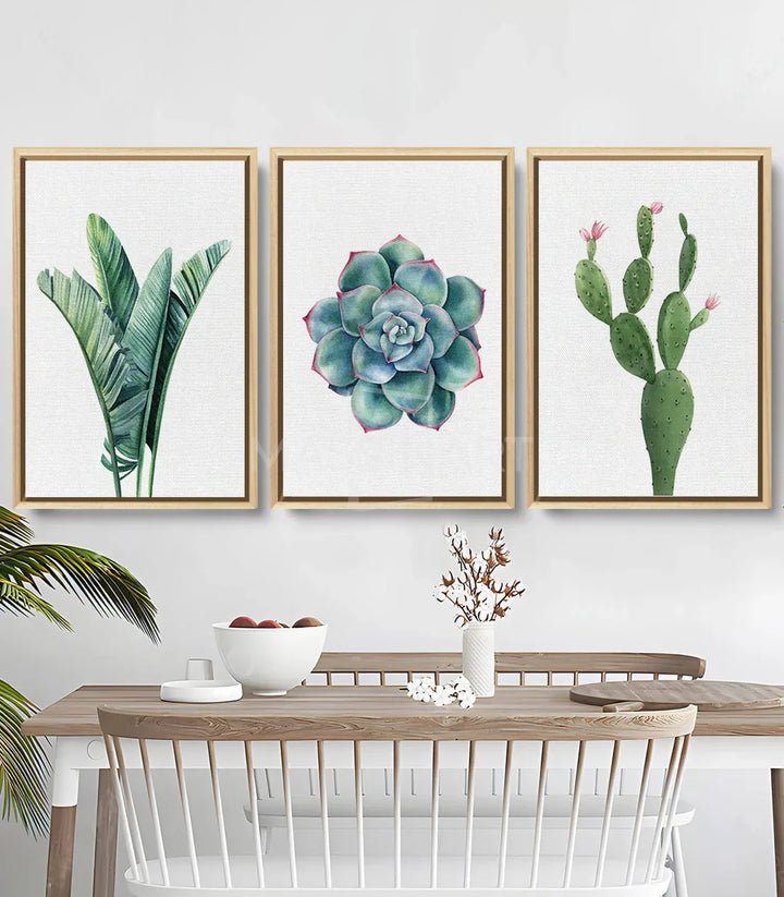 Cuadro cactus tríptico acuarela — cactus verde con flores rosas, lámina botánica Massinart