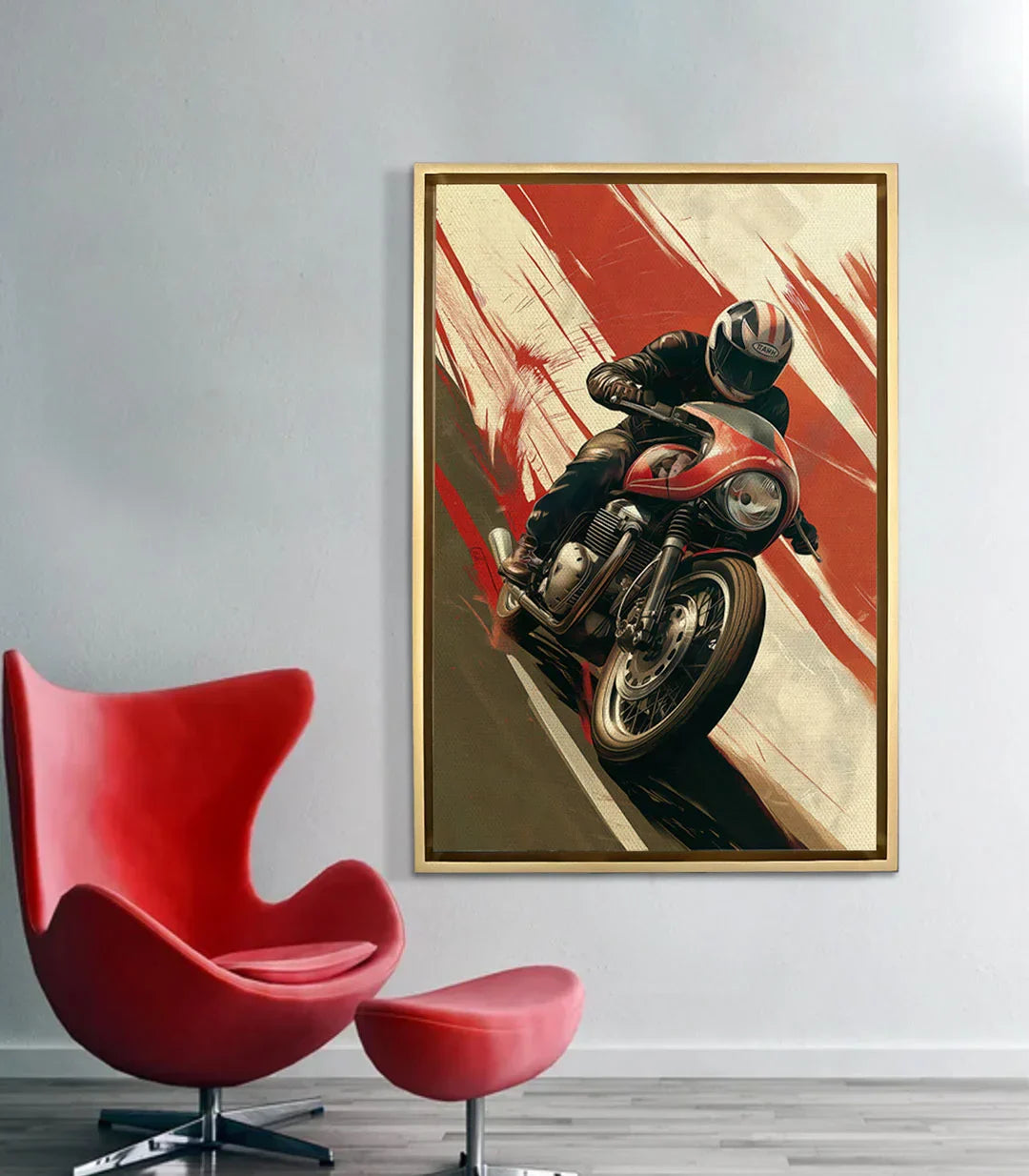 Cuadro Moto Master en salón moderno — lienzo decorativo sobre pared con sillón rojo de diseño