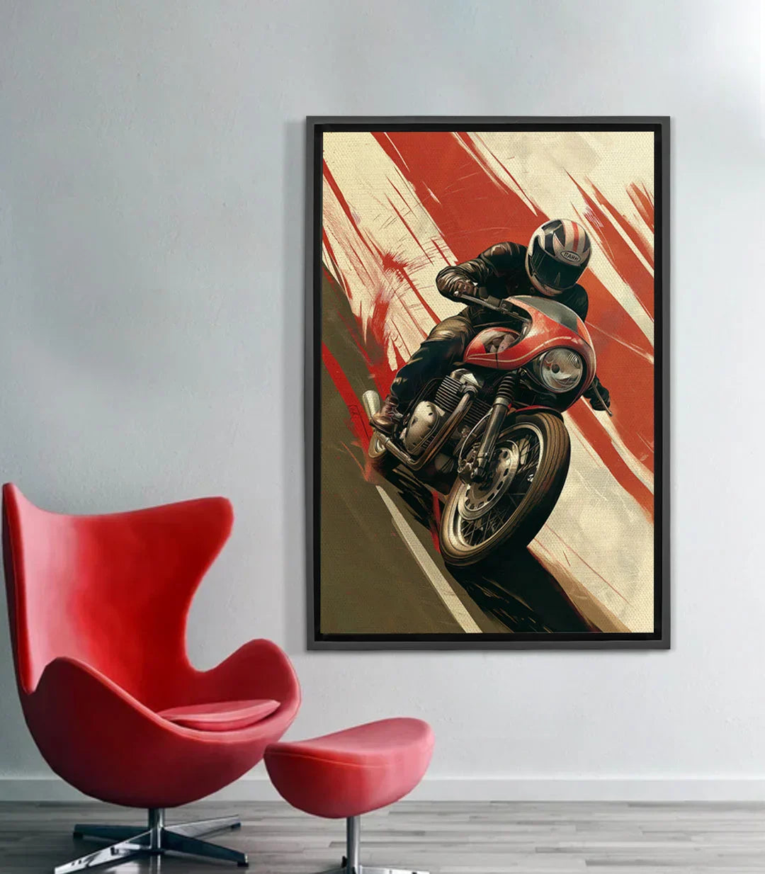 Cuadro Moto Master Massinart — piloto con casco negro sobre moto roja vintage, fondo crema y rojo